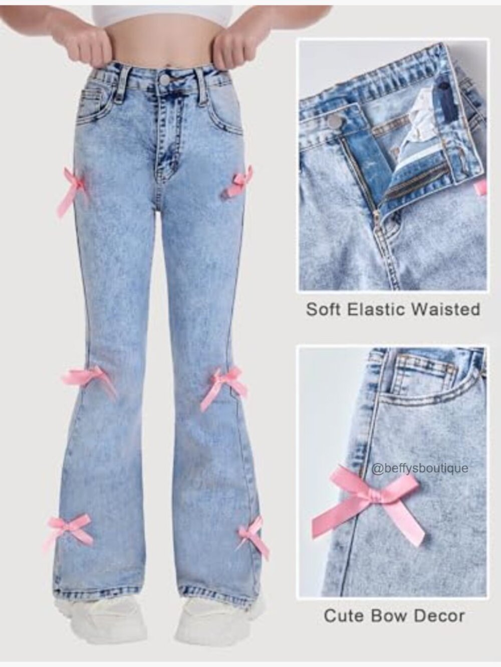 Girls Flare Bell Bottom Bow Jeans High Waist Y2K Tween Denim Pants 8-16Y - Picture 5 of 7